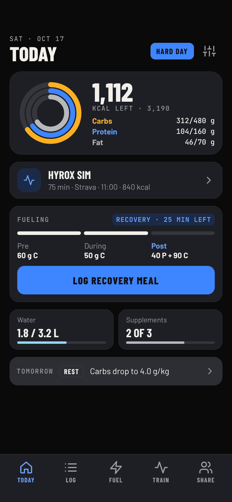 Foodlete Today screen showing carbs, protein and fat targets
